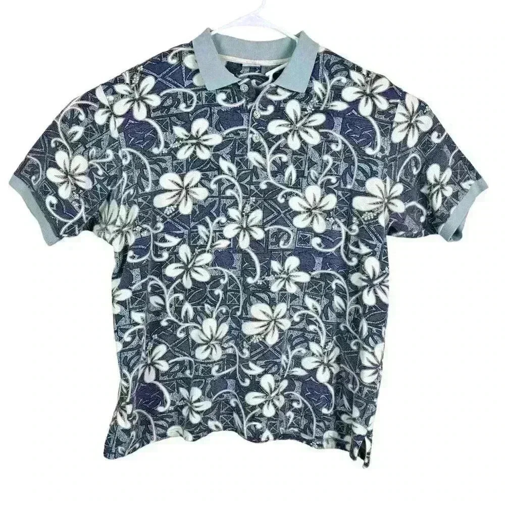 OP Sport Polo Shirt Mens Large Blue Hawaiian Floral Turtle Size XXL‎